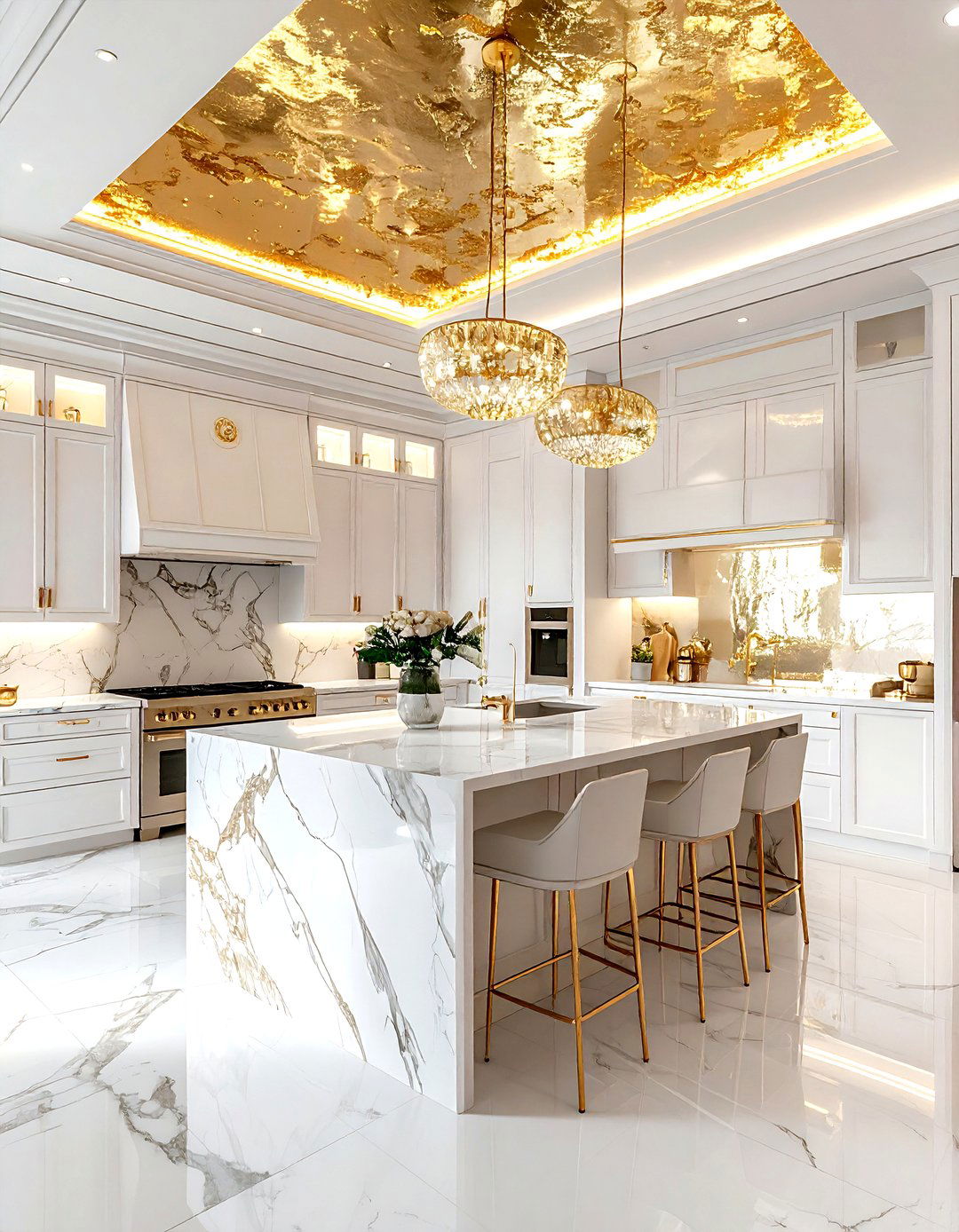 Gold leaf ceiling kitchen - 30 gold and white kitchen ideas