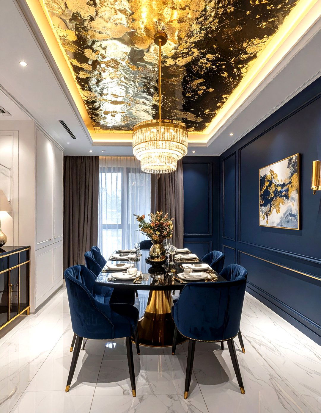Gold leaf ceiling navy dining room - 30 navy and gold dining room ideas