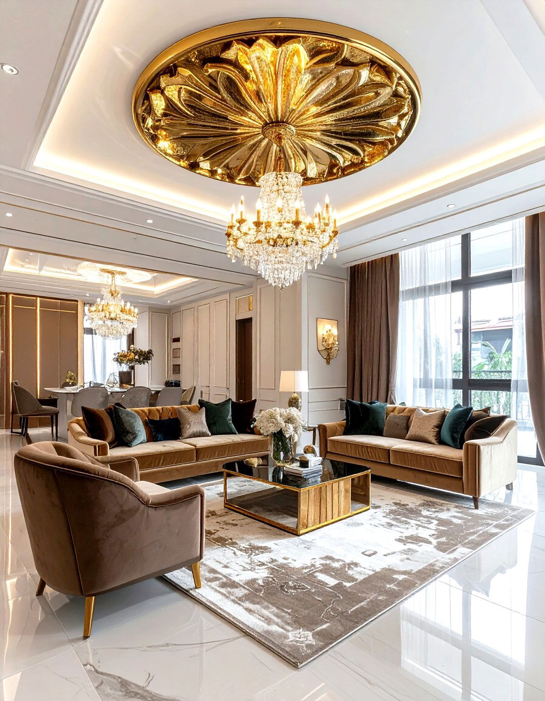 Gold leaf medallion - 30 living room ceiling medallion ideas