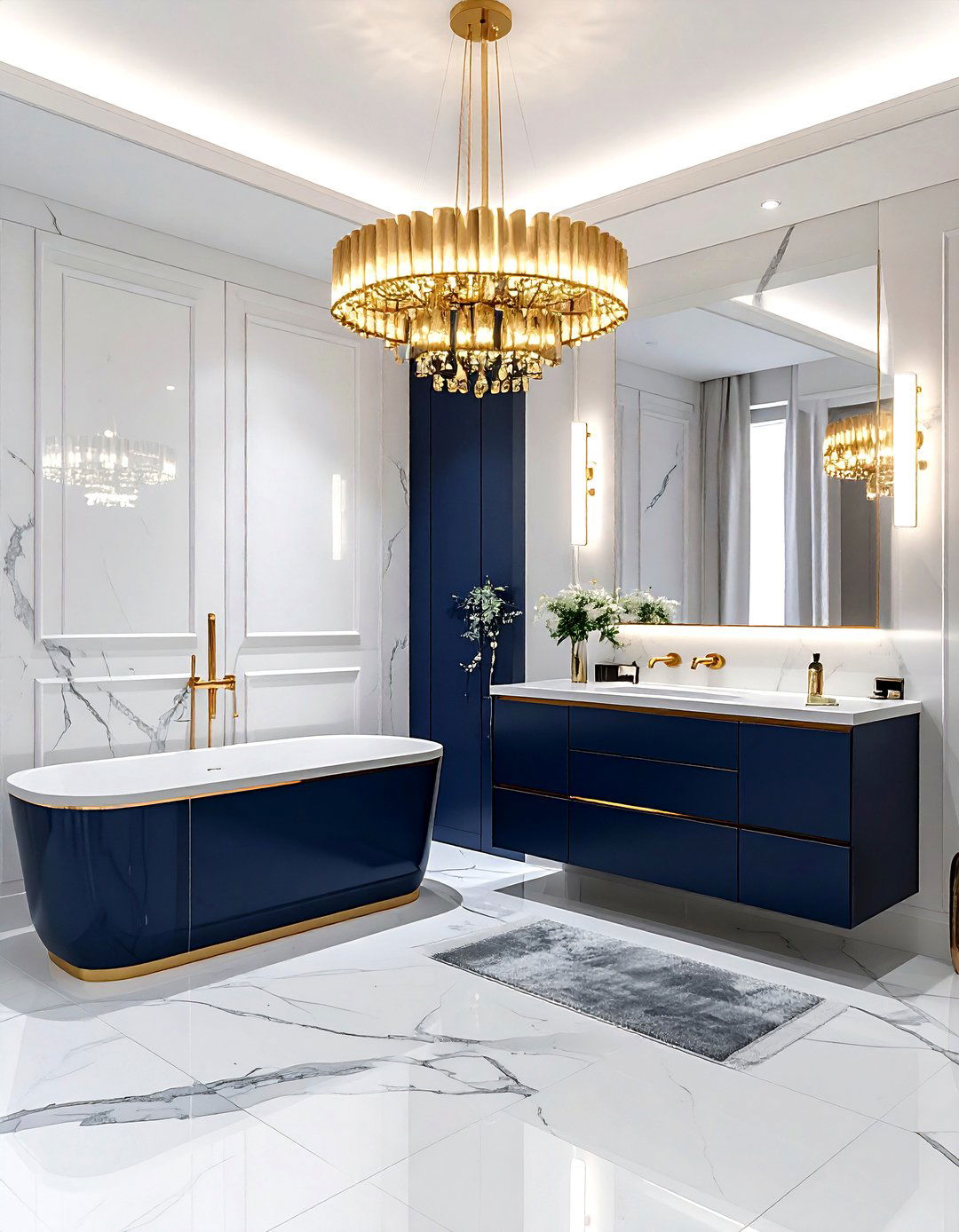 Gold light fixture navy bathroom - 30 navy and gold bathroom ideas