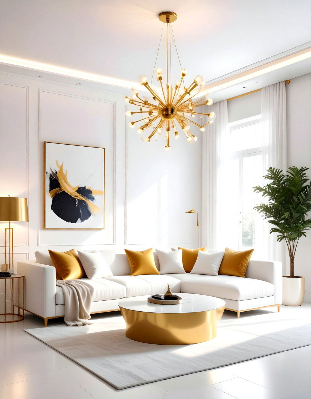 Gold light fixture white living room - 30 gold and white living room ideas