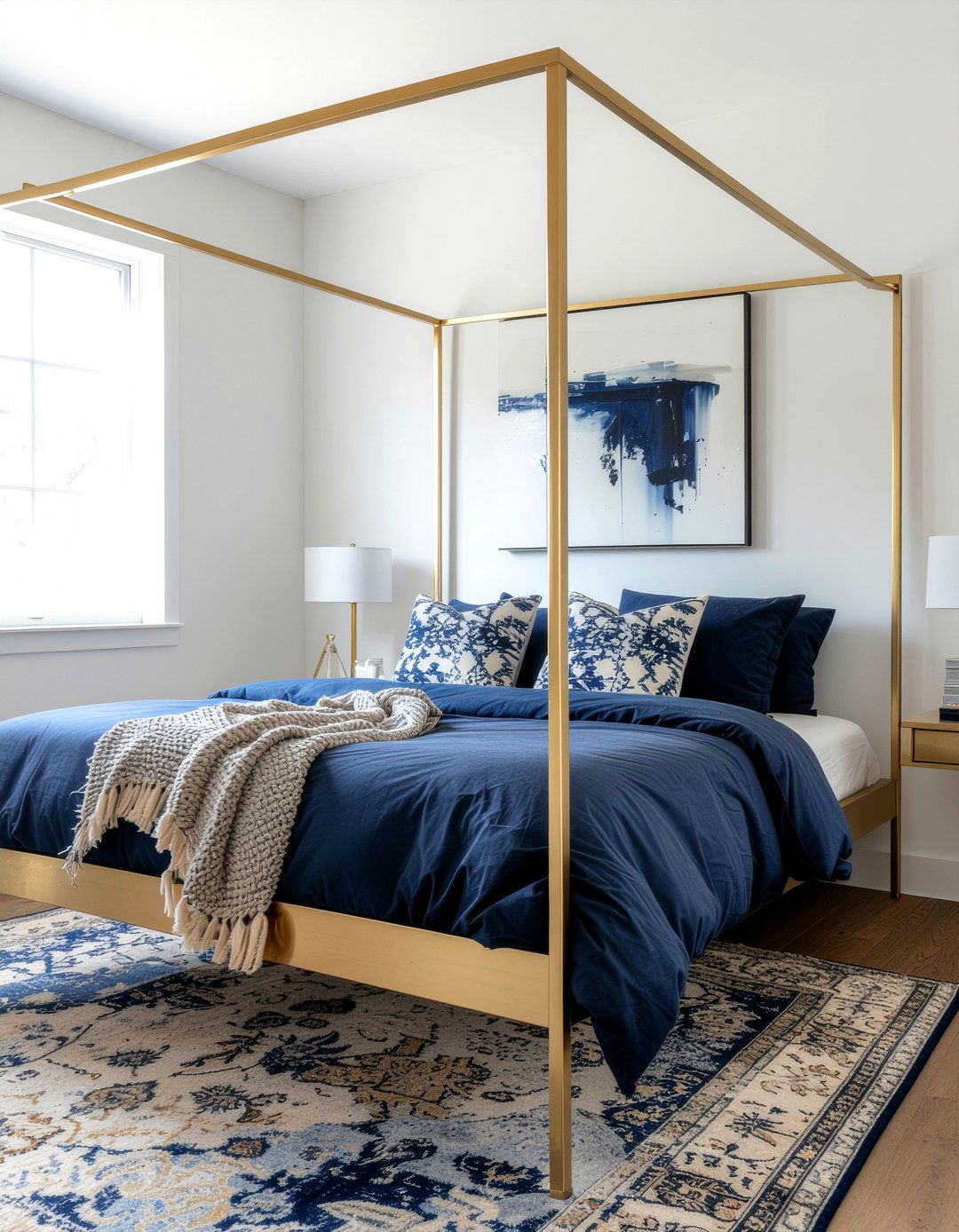 Gold metal bed frame - 30 navy and gold bedroom ideas