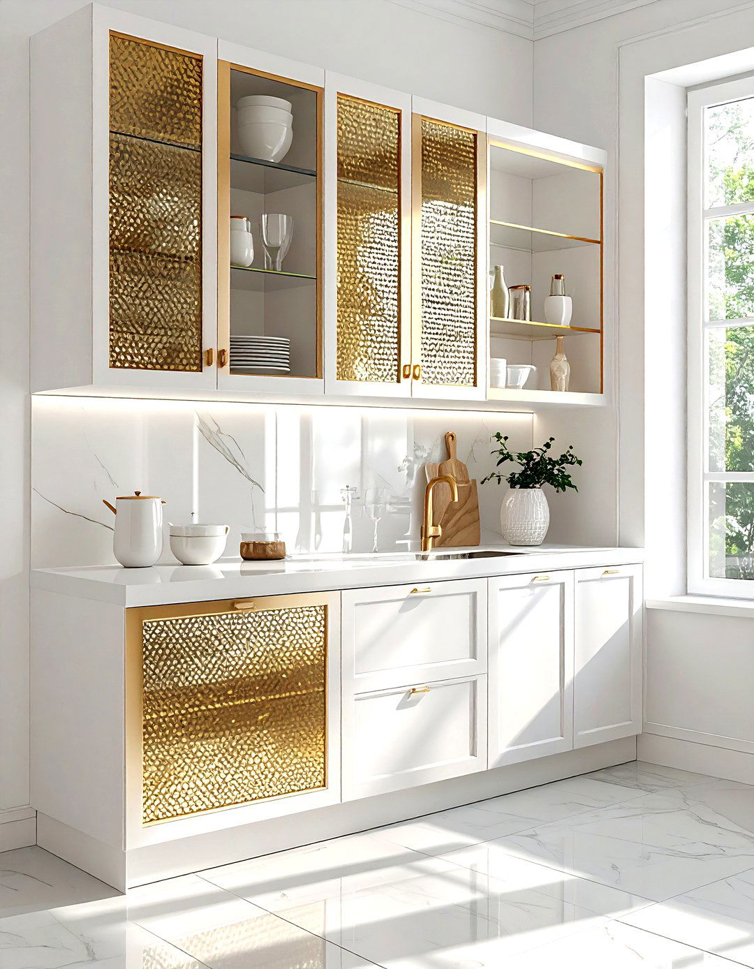 Gold metal mesh cabinet inserts - 30 gold and white kitchen ideas