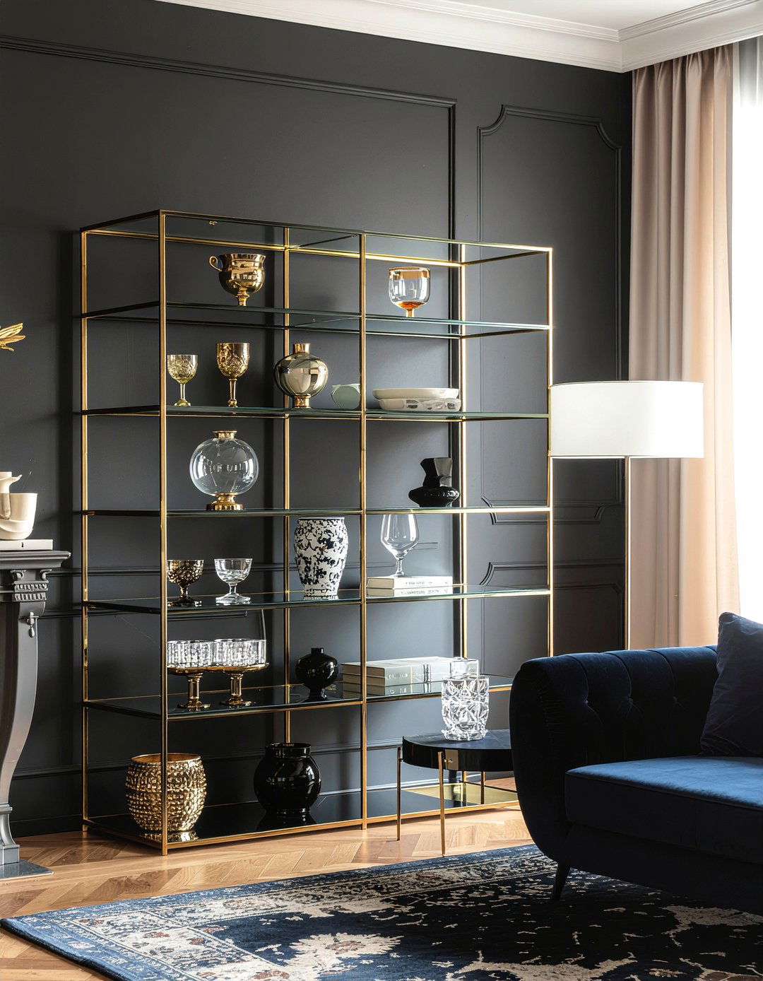 Gold metal shelving - 30 living room shelving ideas