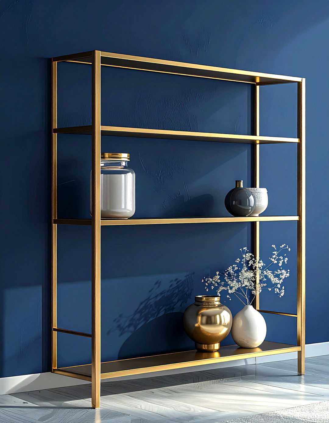 Gold metal wall shelf - 30 bathroom overhead storage ideas