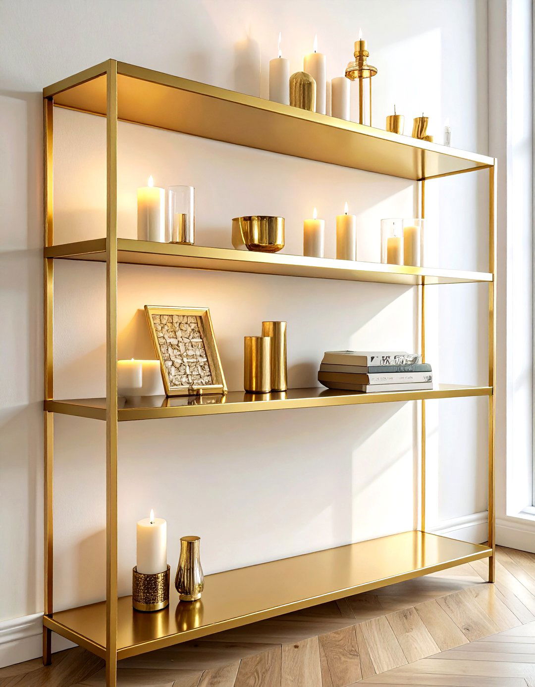 Gold metal wall shelves - 30 living room wall shelving ideas