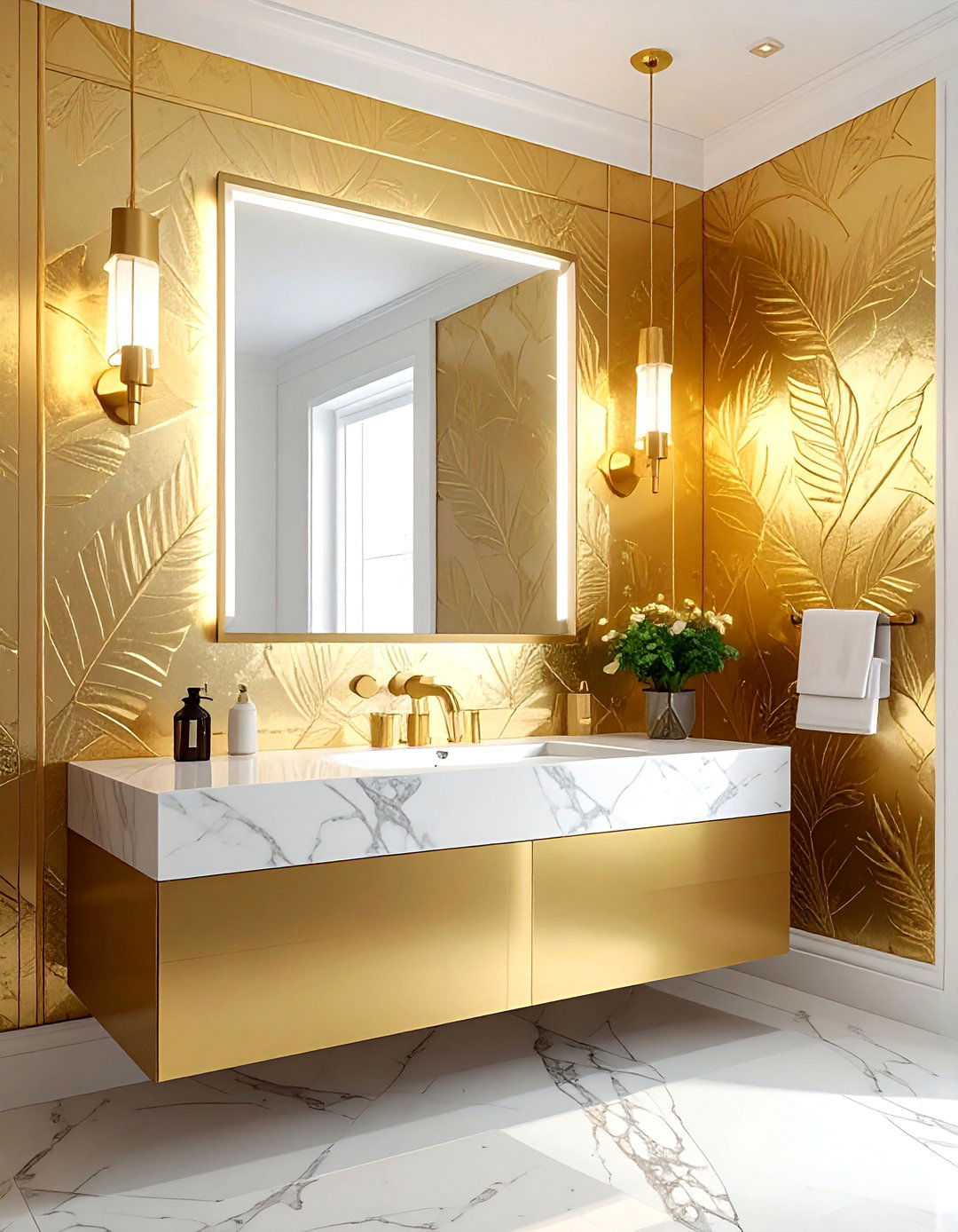Gold metallic accent wallpaper - 30 powder room wallpaper ideas