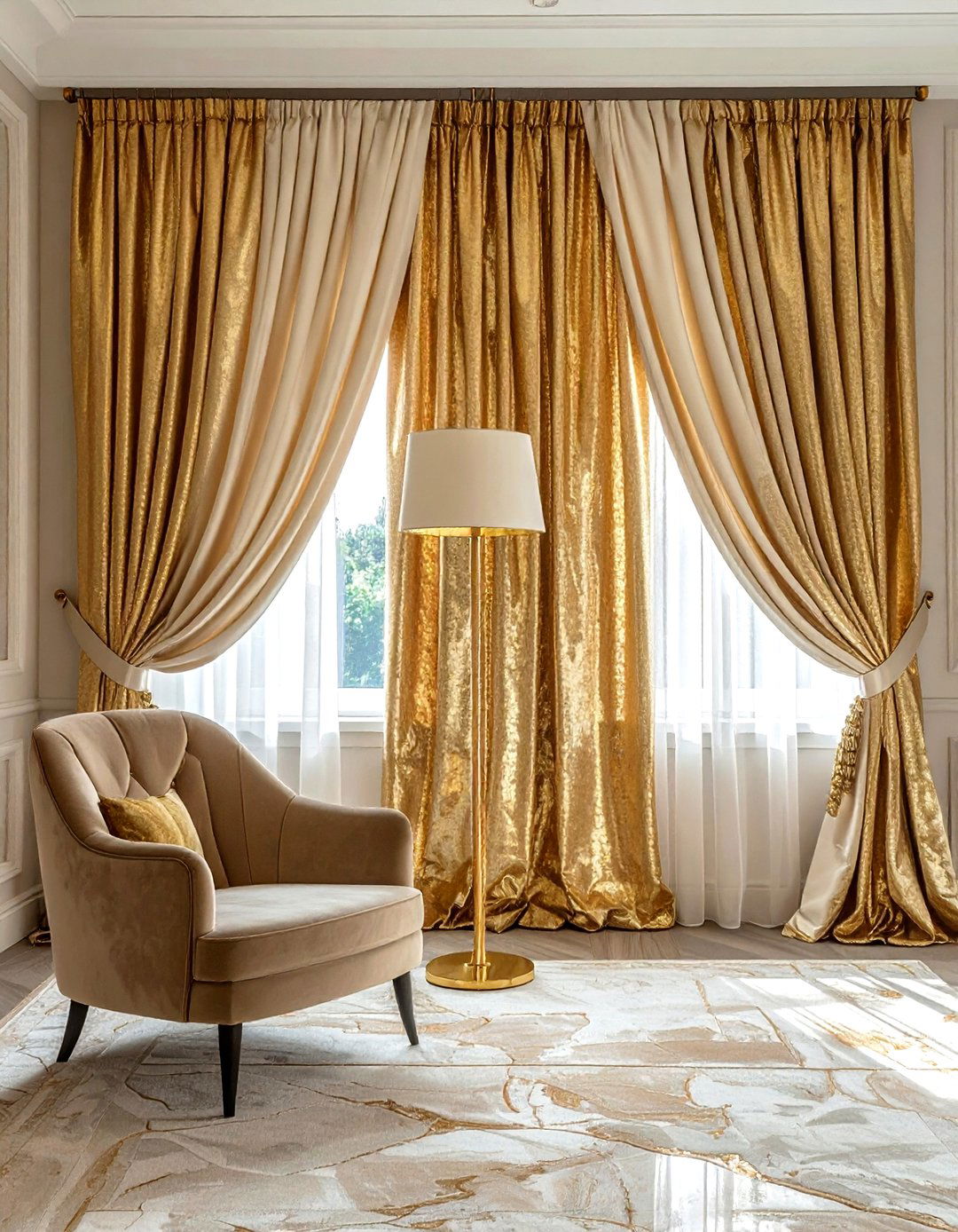 Gold metallic accent window drapes - 30 drape ideas