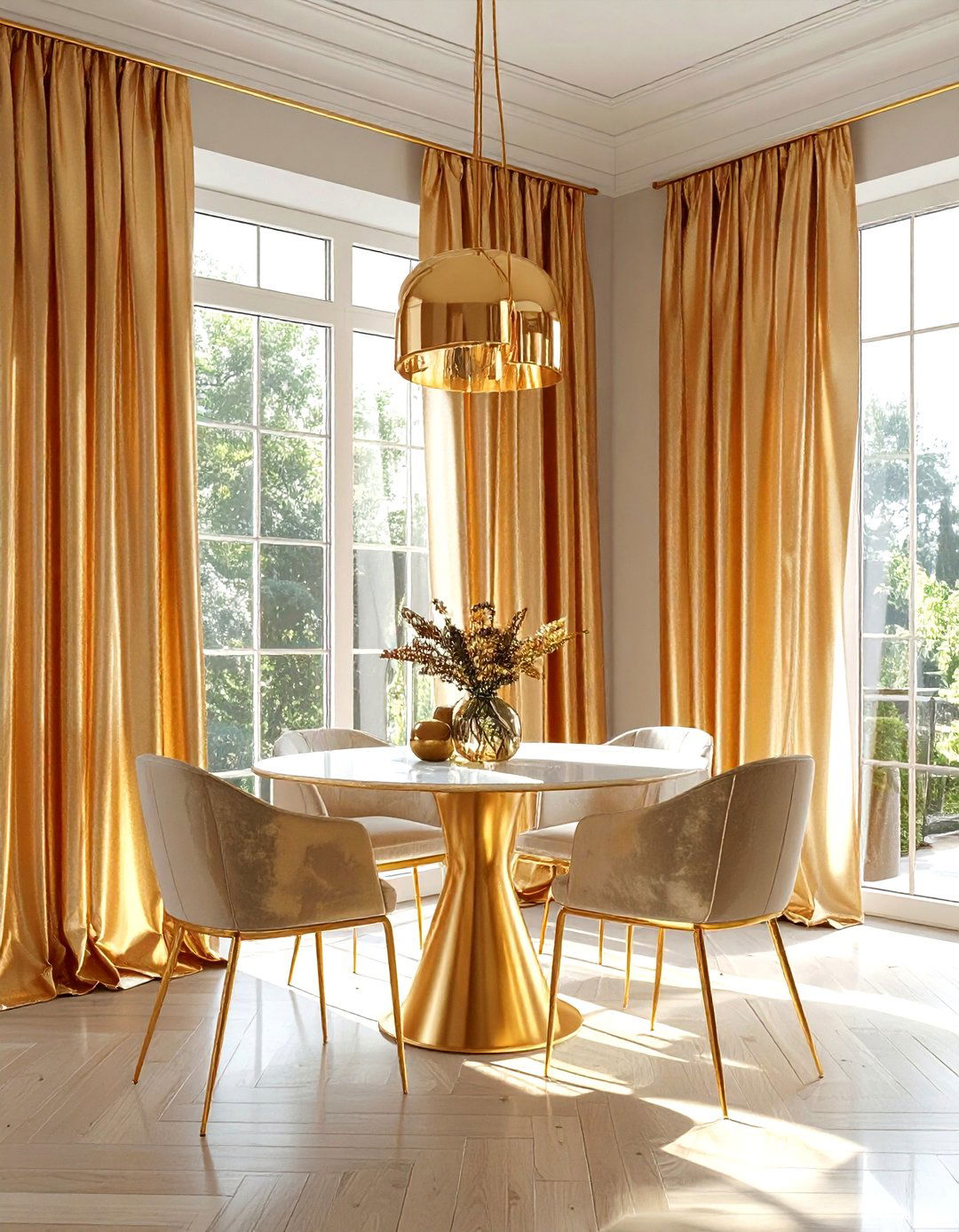 Gold metallic curtains - 30 gold dining room decor ideas