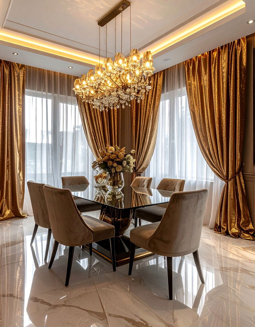 Gold metallic drapes - 30 dining room drape ideas