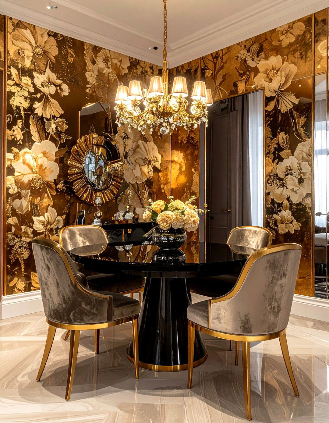 Gold metallic floral wallpaper dining room - 30 floral wallpaper dining room ideas