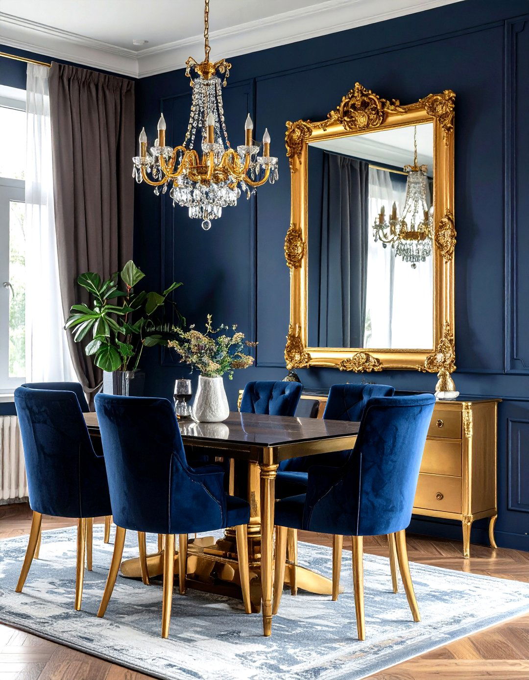 Gold mirror navy dining room wall - 30 navy and gold dining room ideas
