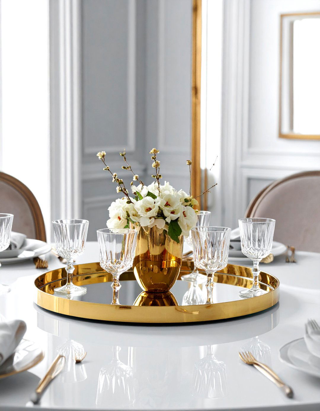 Gold mirror tray - 30 tray centerpiece dining ideas