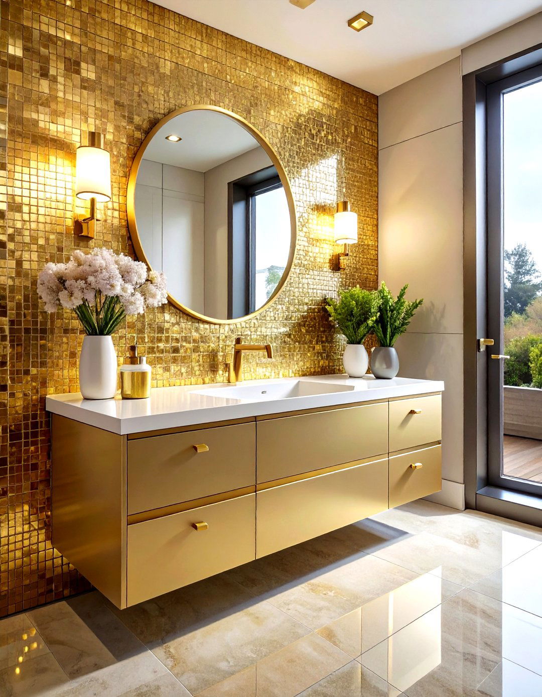 Gold mosaic backsplash - 30 gold bathroom decor ideas