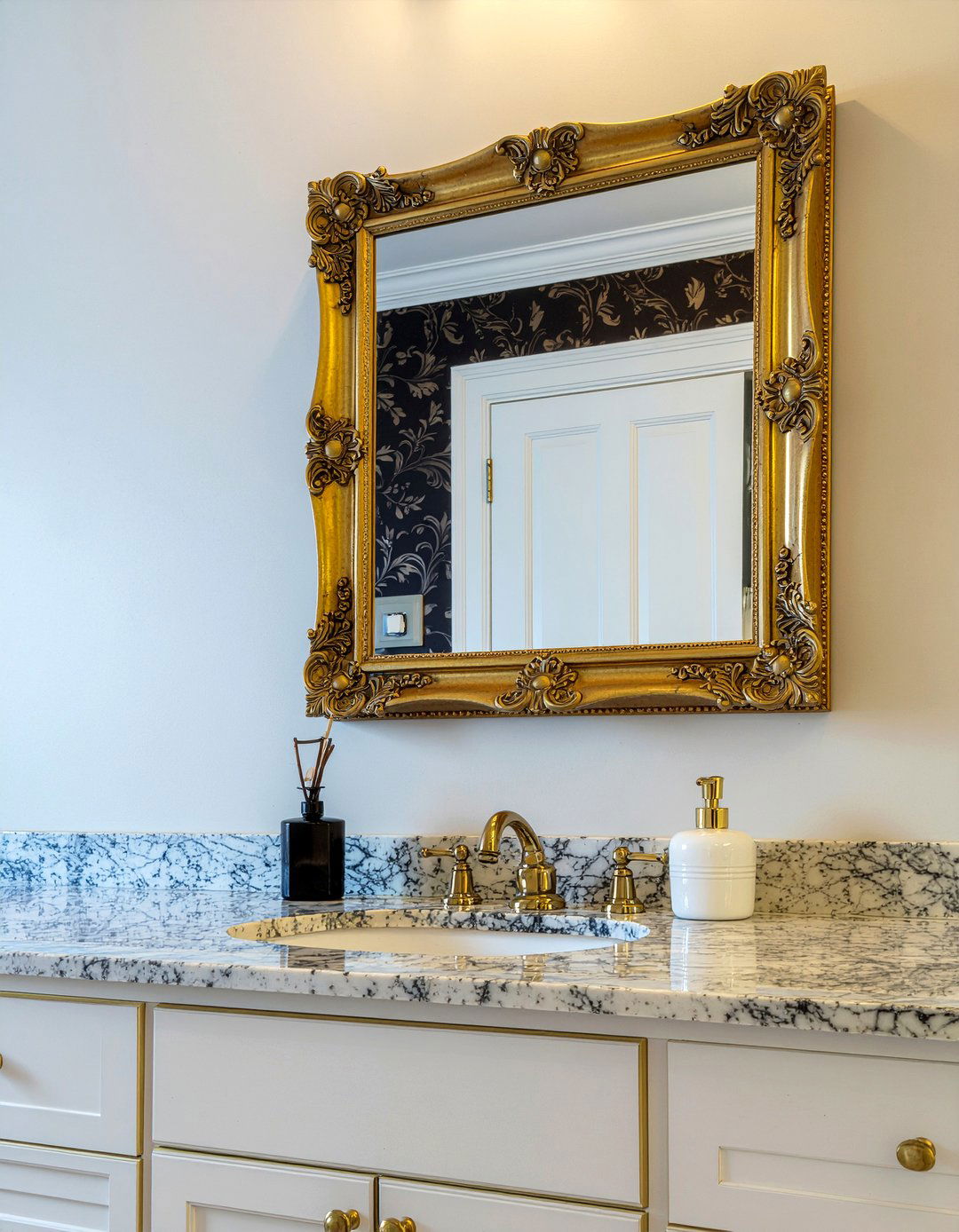 Gold ornate bathroom mirror - 30 framed bathroom mirror ideas