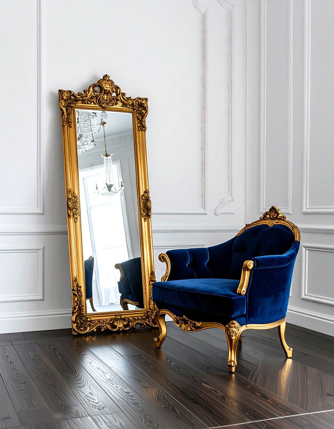 Gold ornate floor mirror - 30 leaning mirror ideas