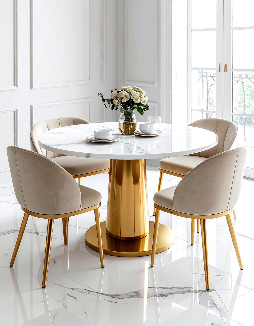 Gold pedestal dining table - 30 gold dining room decor ideas