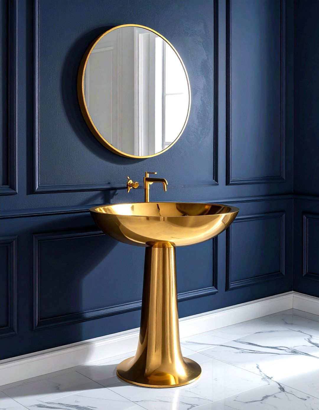 Gold pedestal sink navy wall - 30 navy and gold bathroom ideas