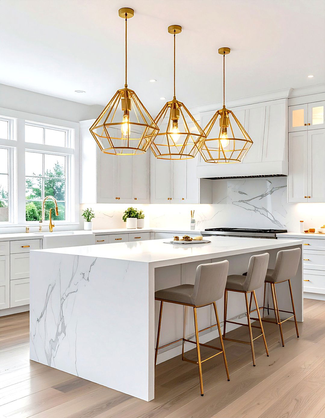 Gold pendant lighting - 30 gold kitchen decor ideas