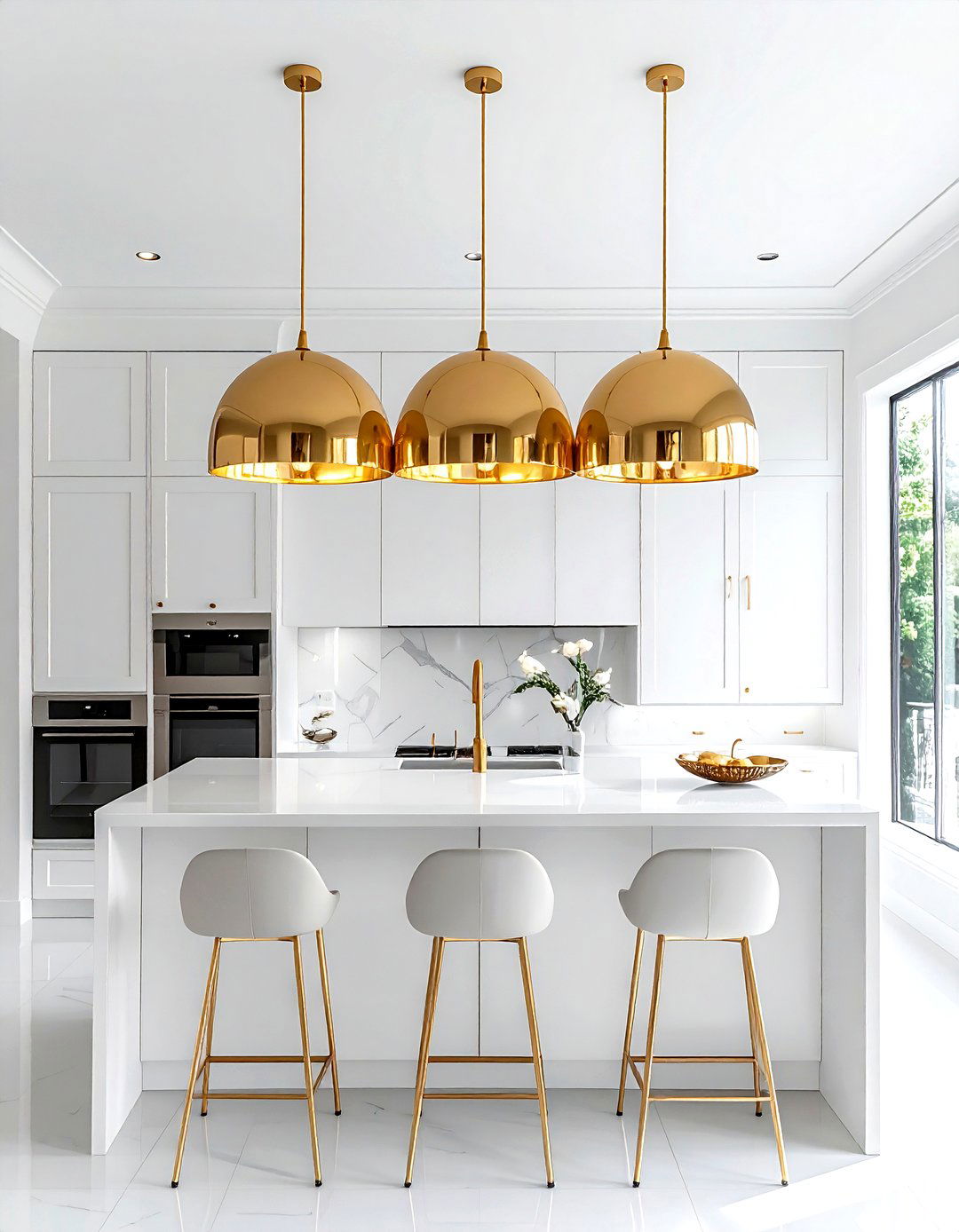 Gold pendant lights kitchen - 30 gold and white kitchen ideas