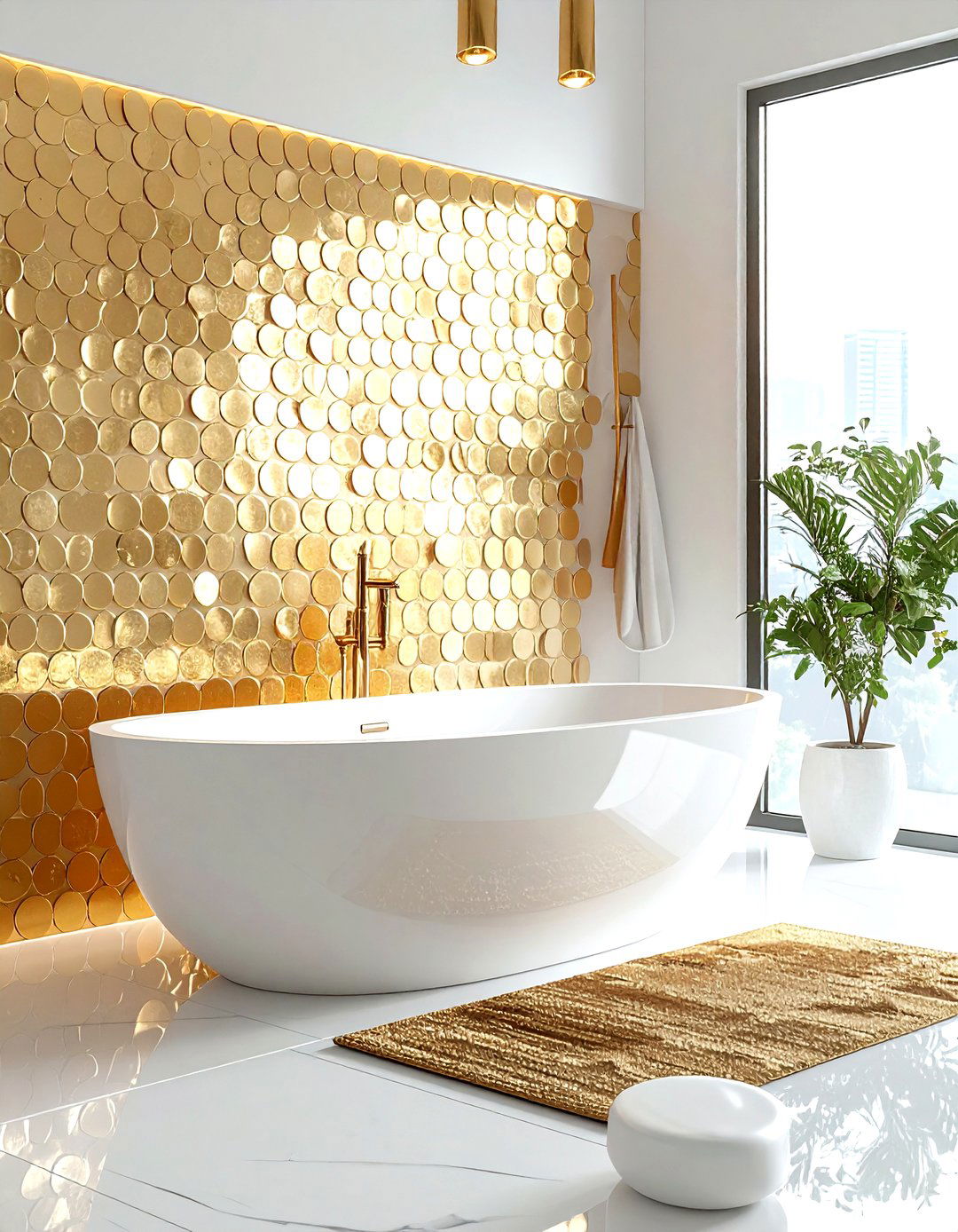 Gold penny tile accent wall - 30 penny round tile bathroom ideas