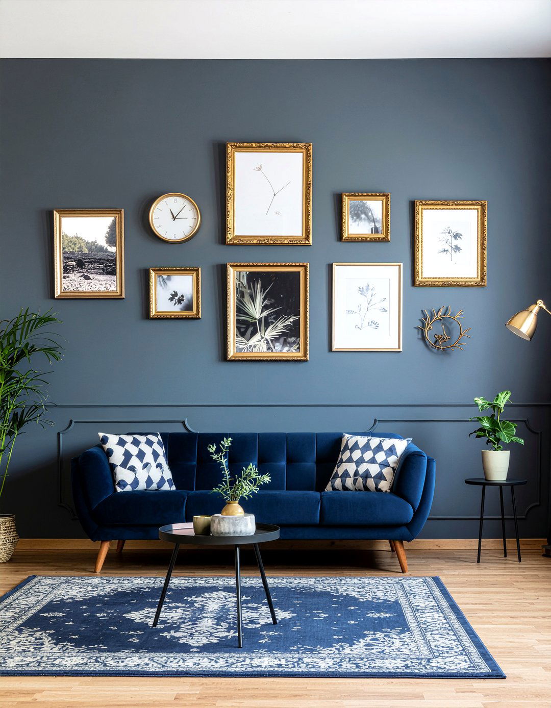Gold picture gallery on navy wall - 30 navy and gold living room ideas