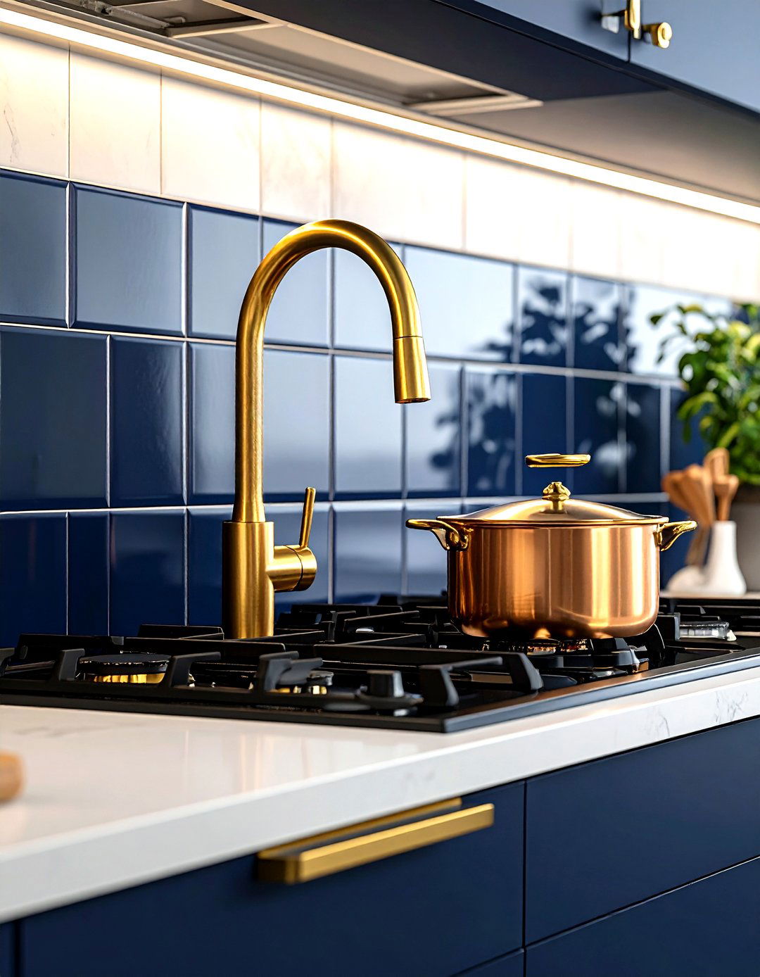 Gold pot filler over navy stove - 30 navy and gold kitchen ideas