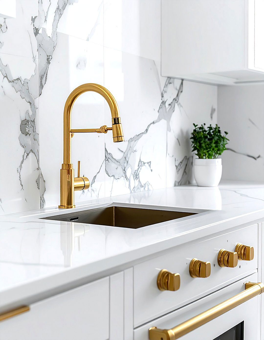 Gold pot filler white stove - 30 gold and white kitchen ideas