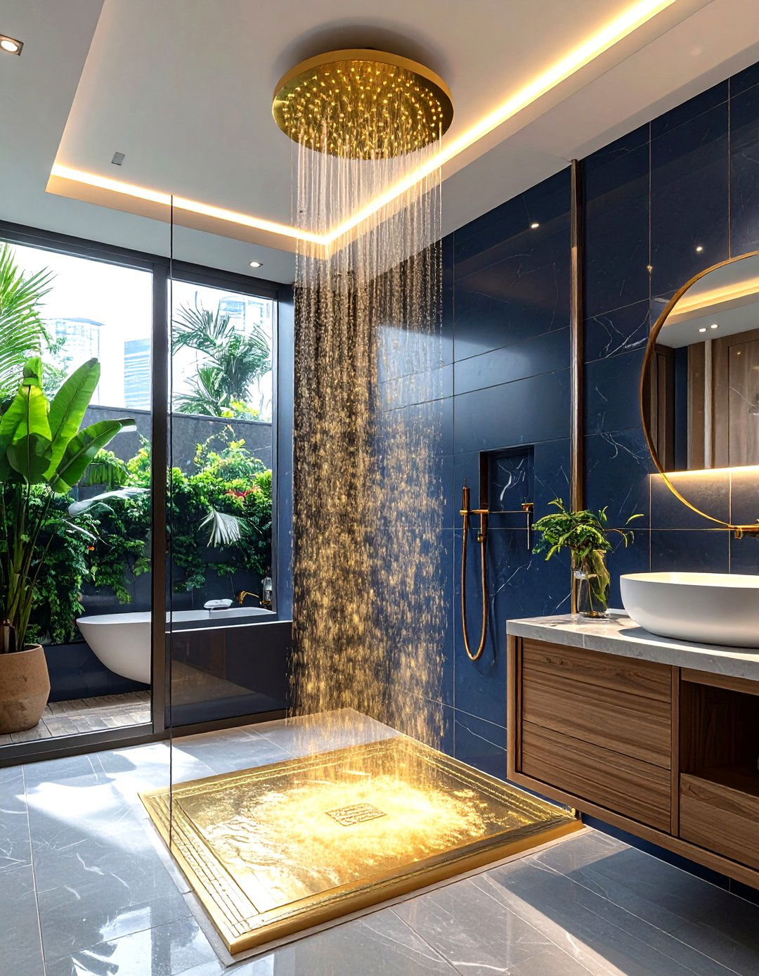 Gold rain shower navy bathroom - 30 navy and gold bathroom ideas