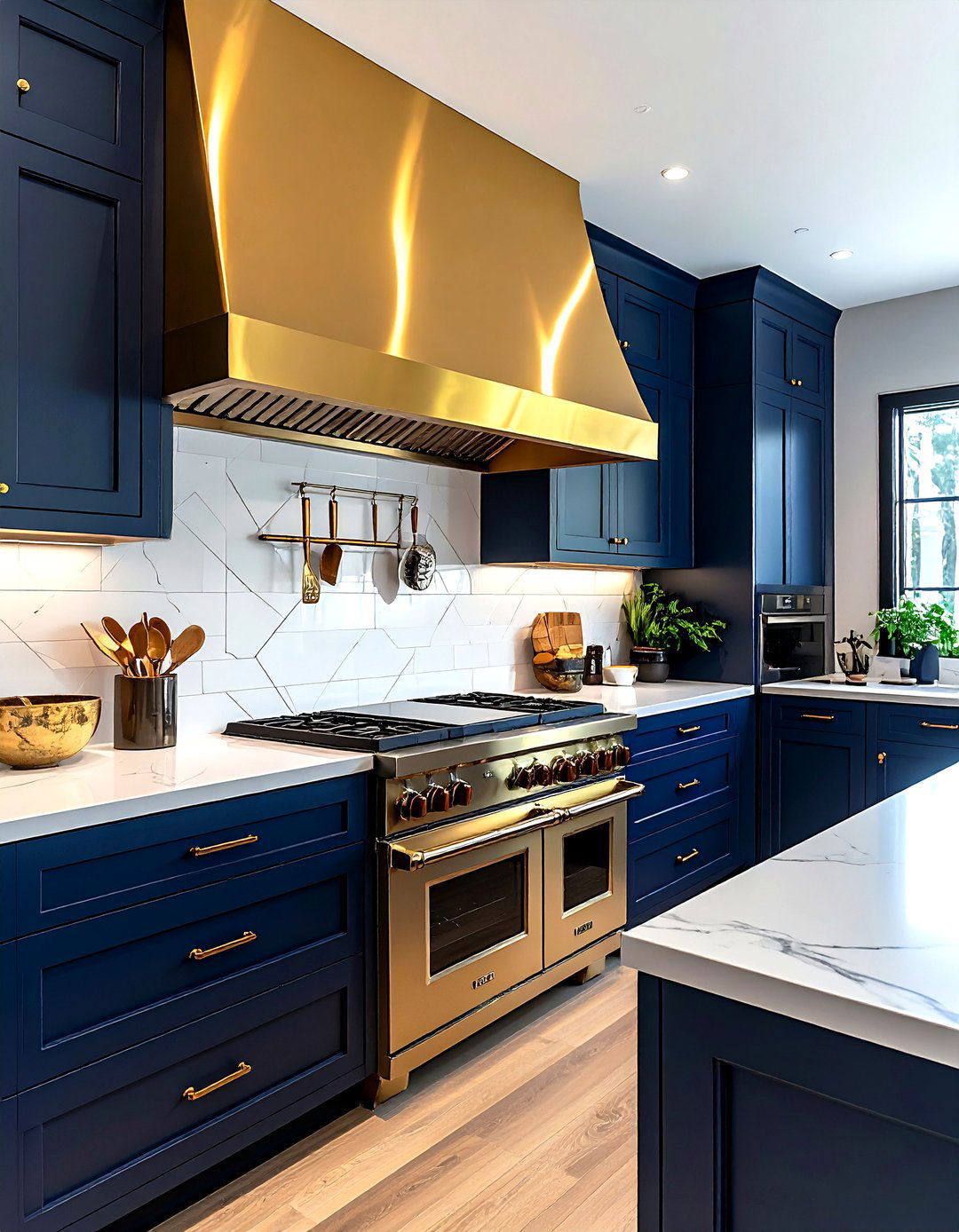 Gold range hood in navy kitchen - 30 navy and gold kitchen ideas