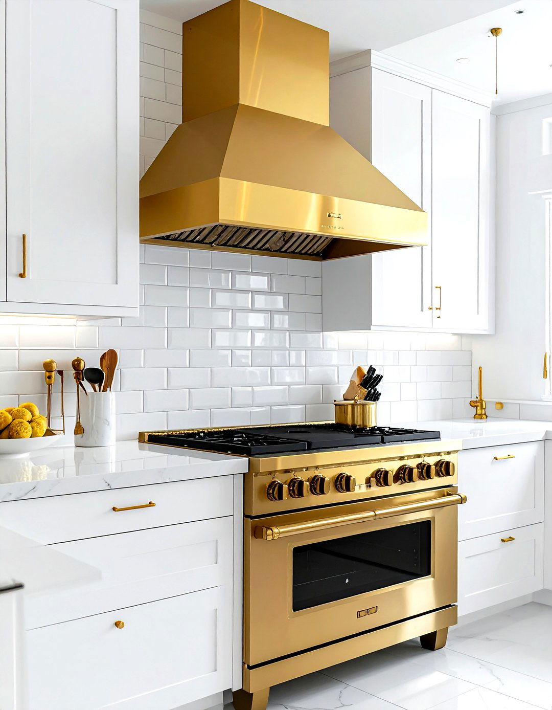 Gold range hood white kitchen - 30 gold and white kitchen ideas