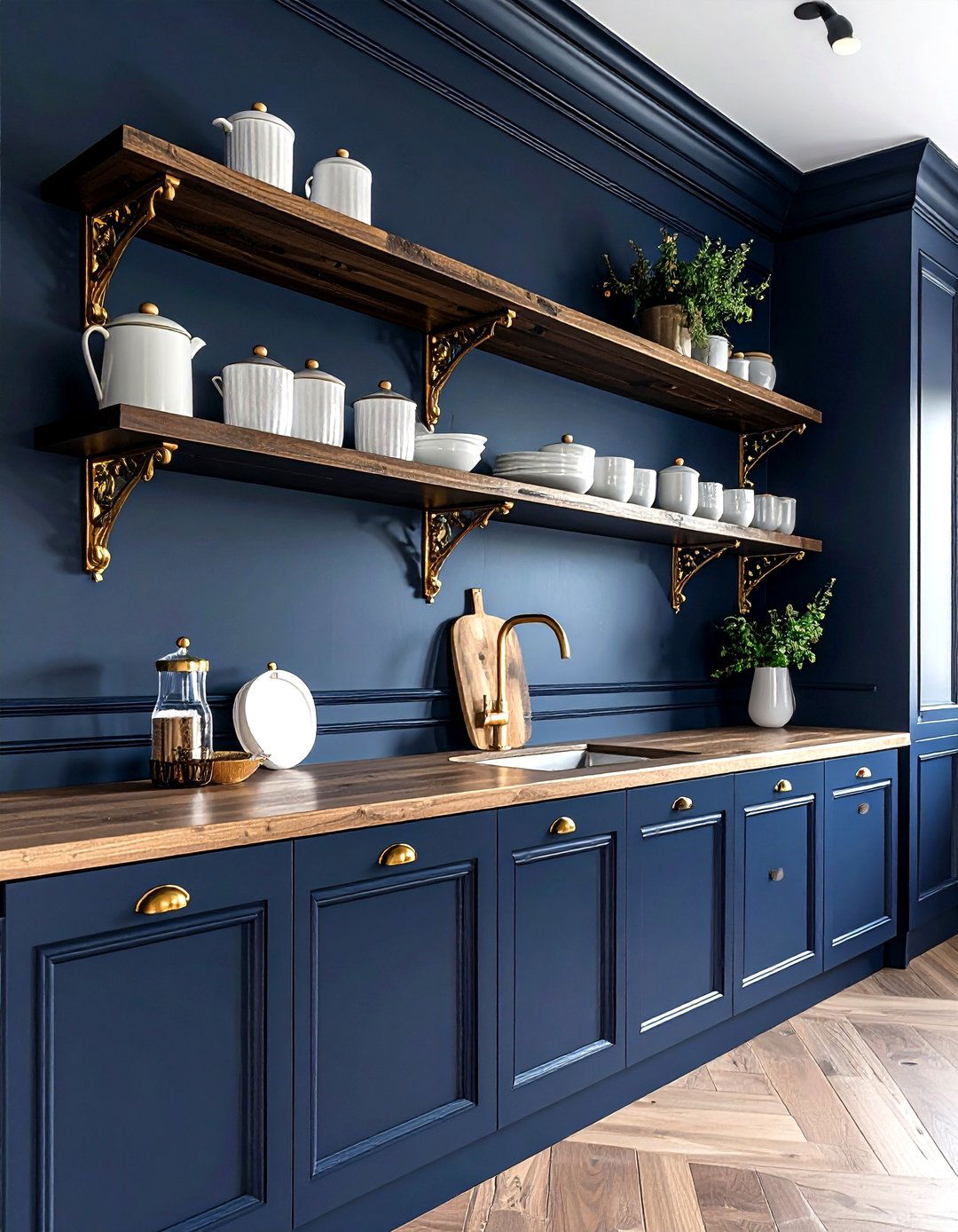 Gold shelf brackets in navy kitchen - 30 navy and gold kitchen ideas