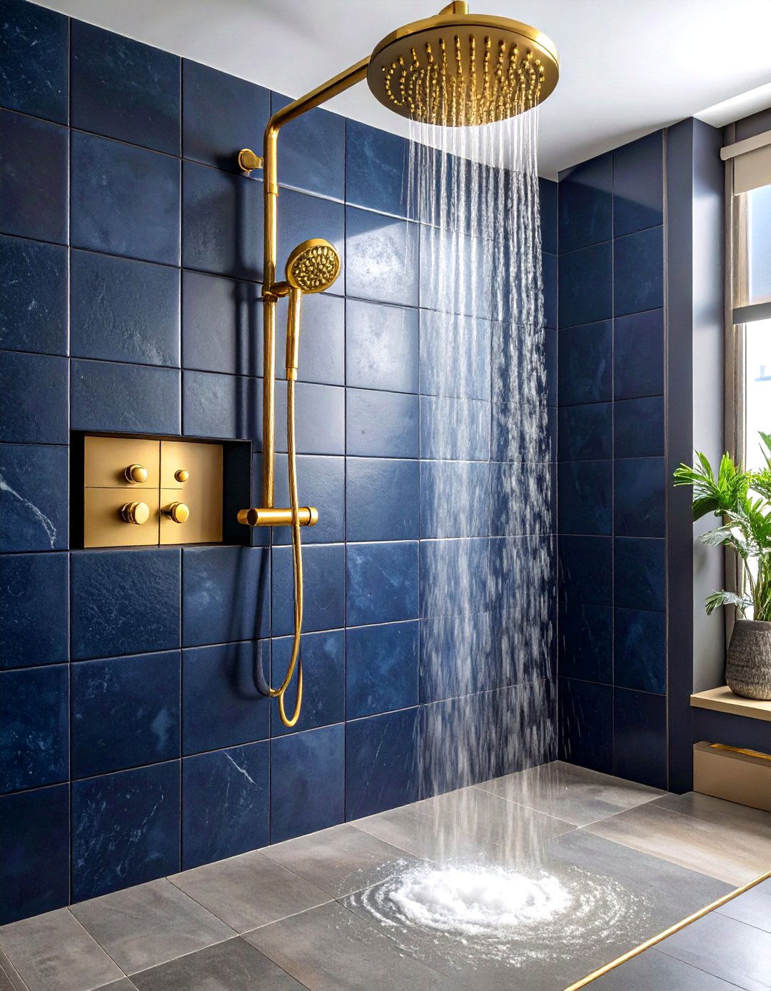 Gold shower head navy tile - 30 navy and gold bathroom ideas