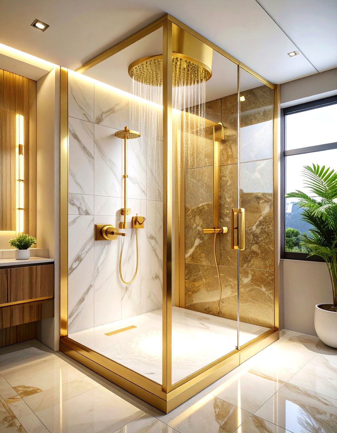 Gold shower system - 30 gold bathroom decor ideas