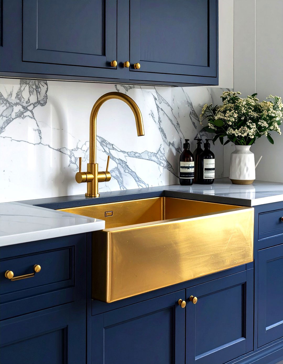 Gold sink in navy blue kitchen - 30 navy and gold kitchen ideas