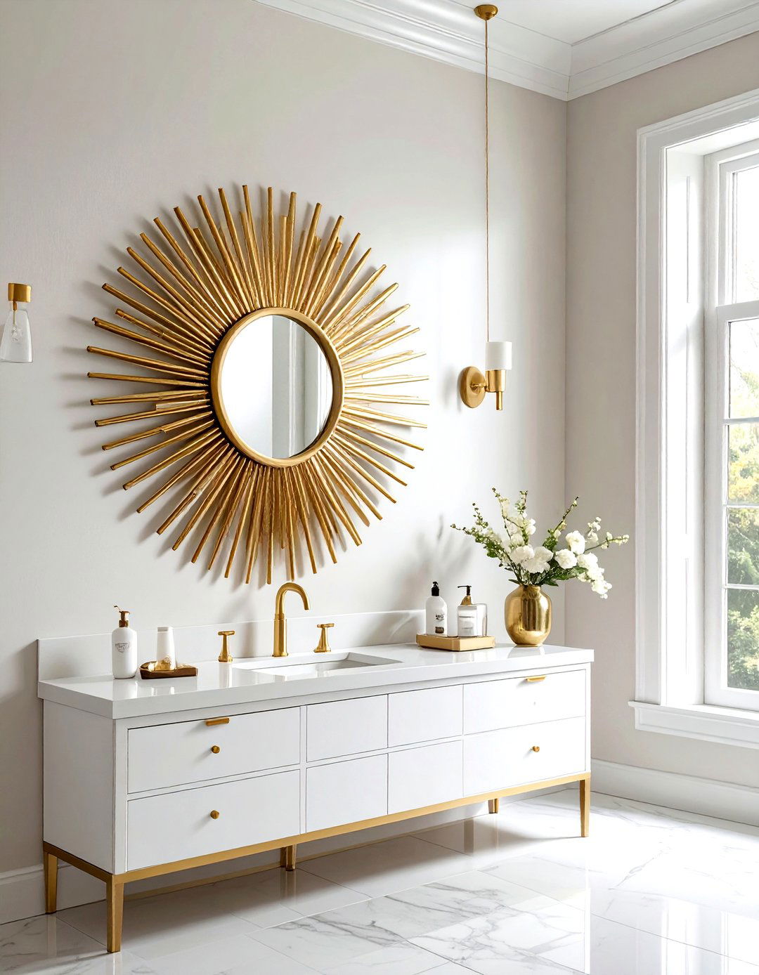 Gold sunburst mirror - 30 gold bathroom decor ideas