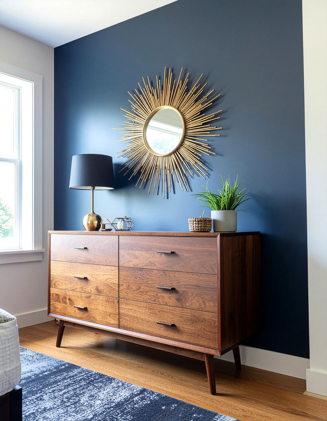 Gold sunburst mirror - 30 navy and gold bedroom ideas