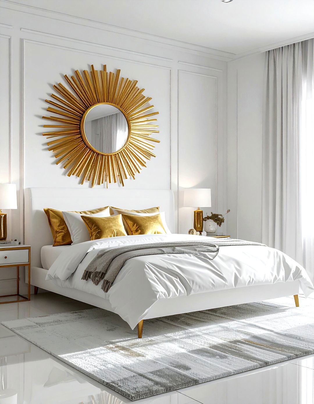 Gold sunburst mirror white bedroom - 30 gold and white bedroom ideas