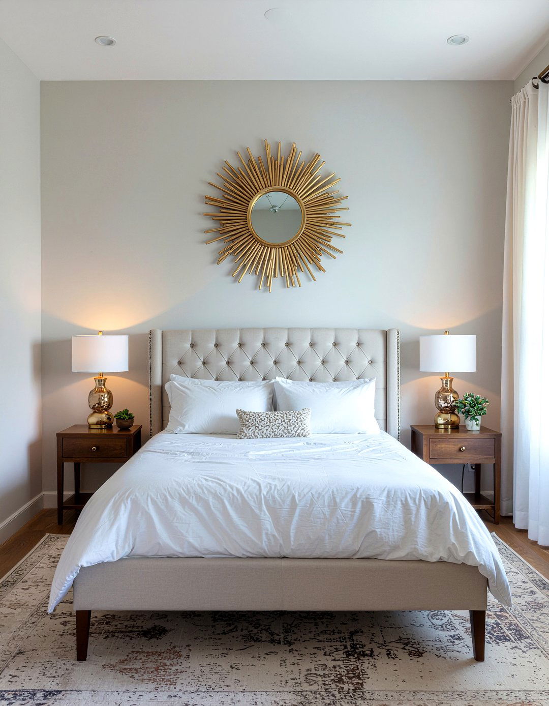 Gold sunburst mirror - 30 gold accent bedroom ideas