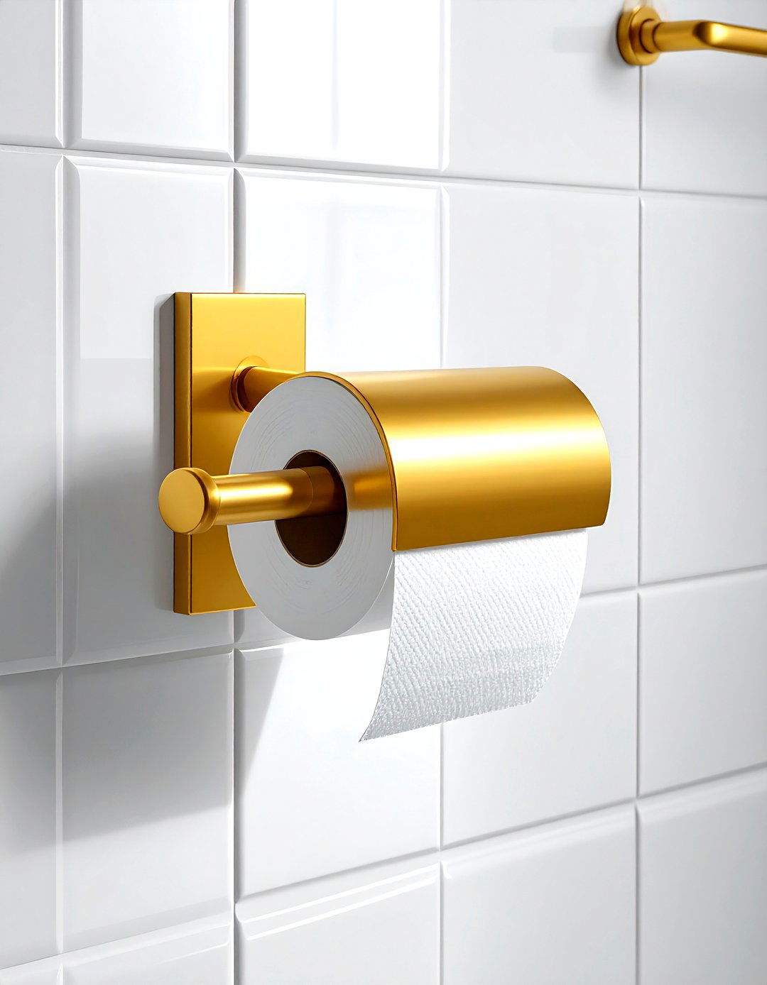 Gold toilet paper holder - 30 gold bathroom decor ideas