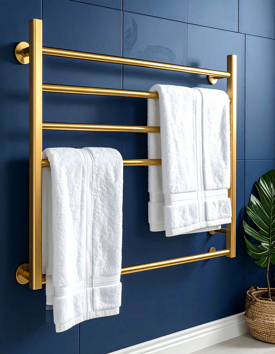 Gold towel rack navy wall - 30 navy and gold bathroom ideas