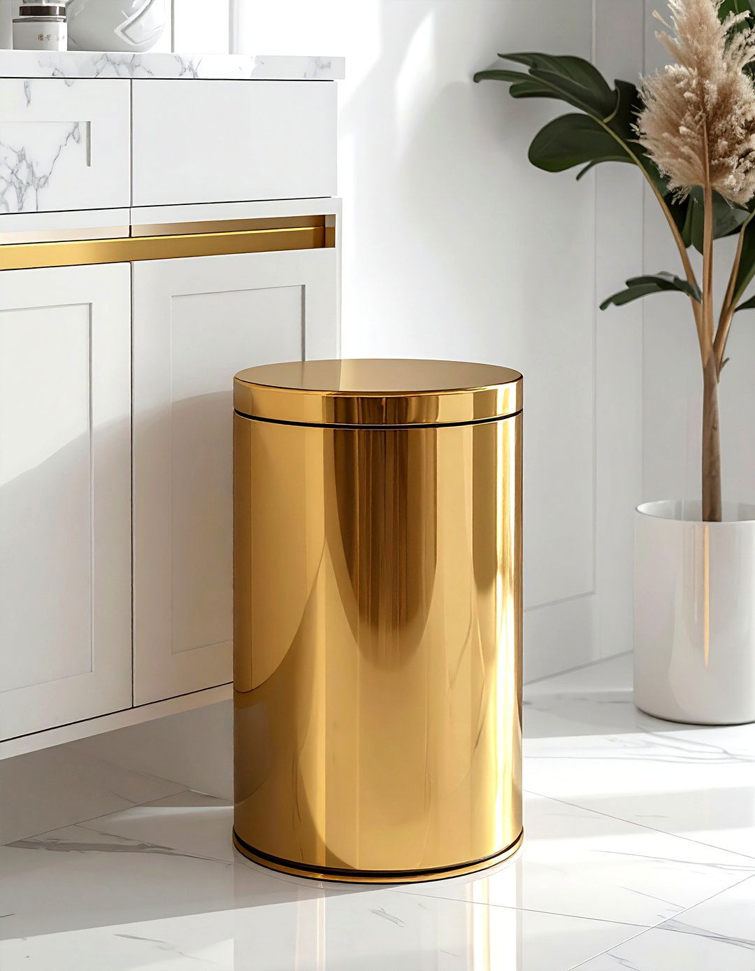 Gold trash can - 30 gold bathroom decor ideas