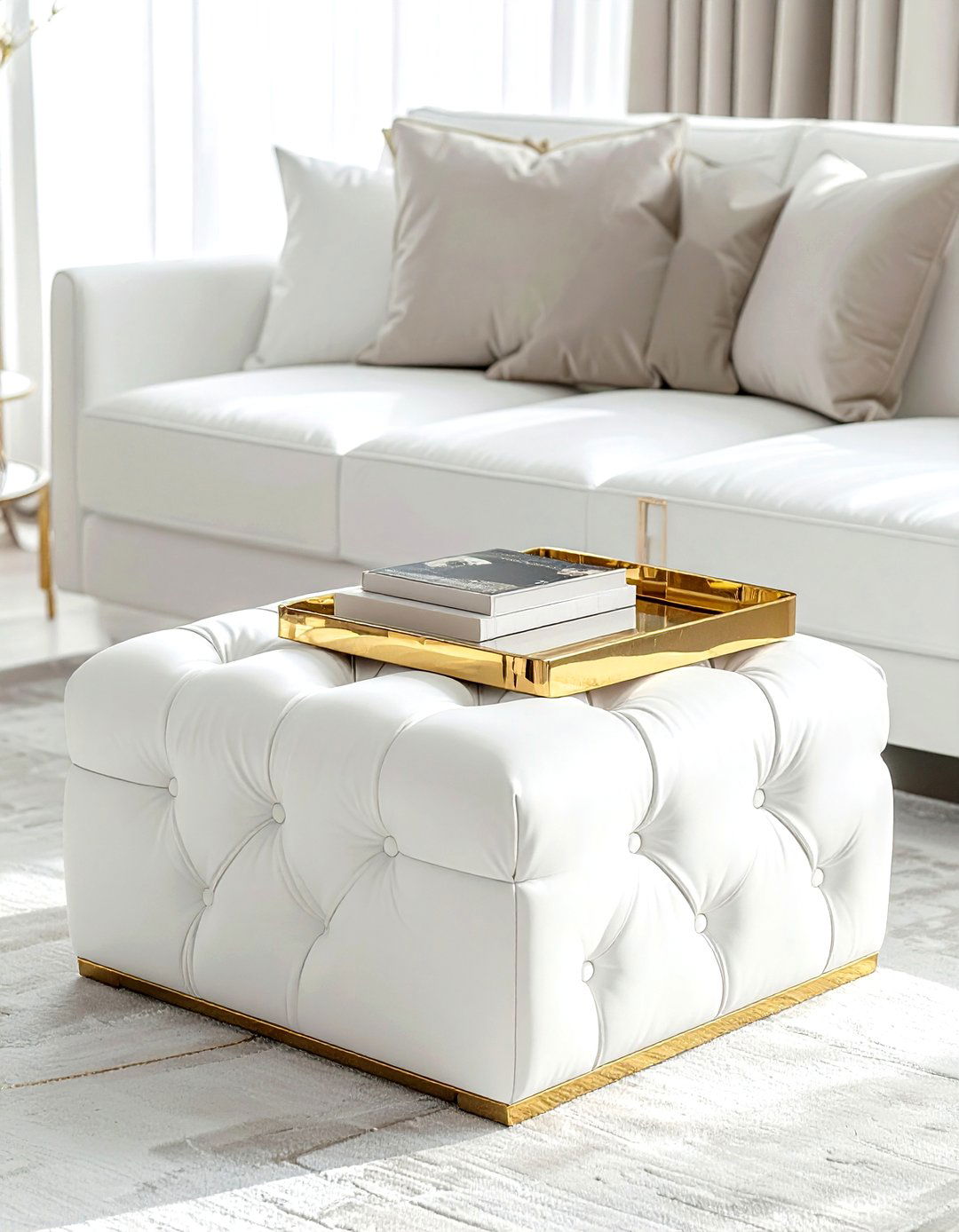 Gold tray white ottoman - 30 gold and white living room ideas