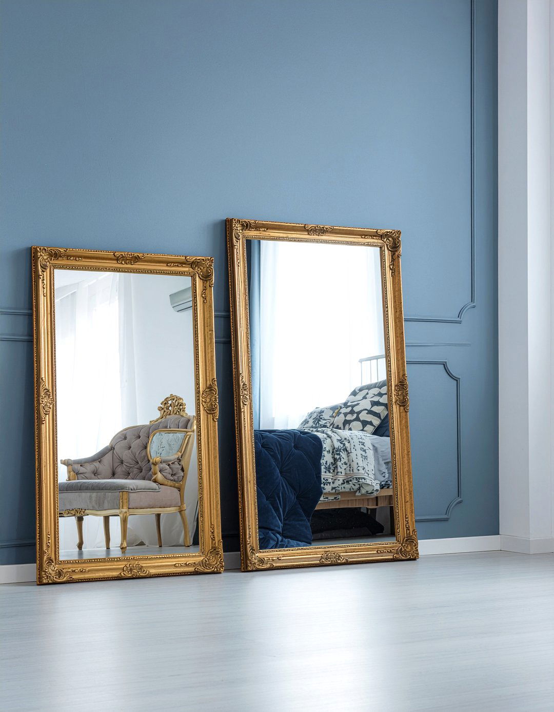 Gold trim mirrors - 30 navy and gold bedroom ideas
