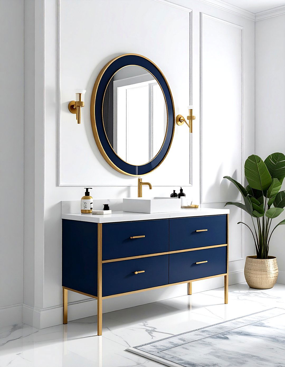 Gold trim navy bathroom mirror - 30 navy and gold bathroom ideas