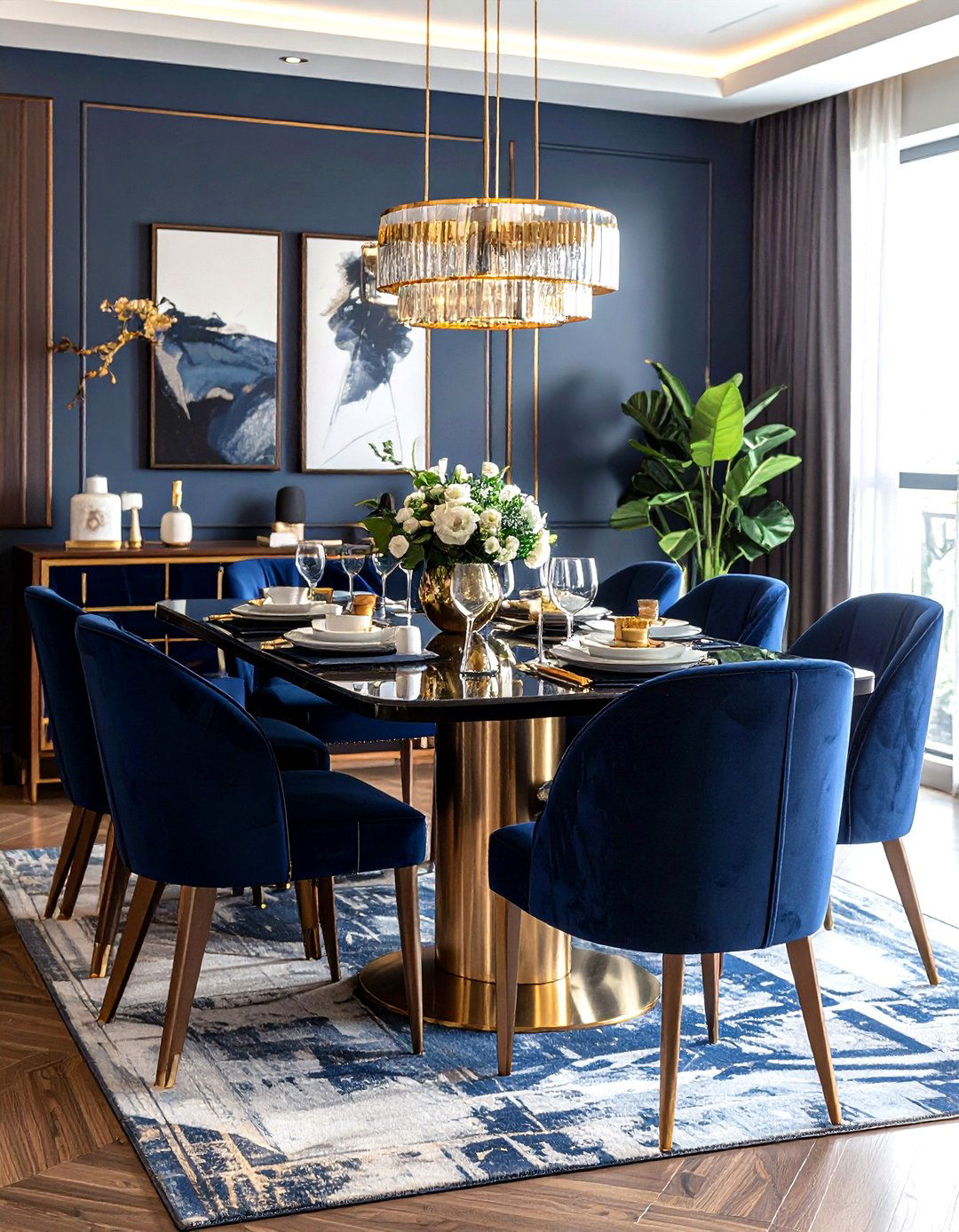 Gold trim navy blue furniture - 30 navy and gold dining room ideas