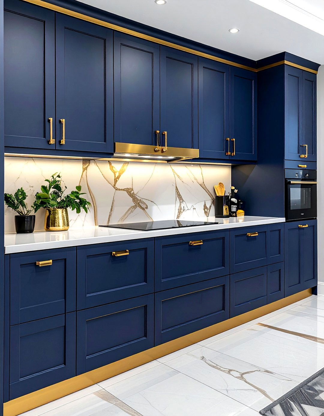 Gold trim on navy kitchen cabinets - 30 navy and gold kitchen ideas