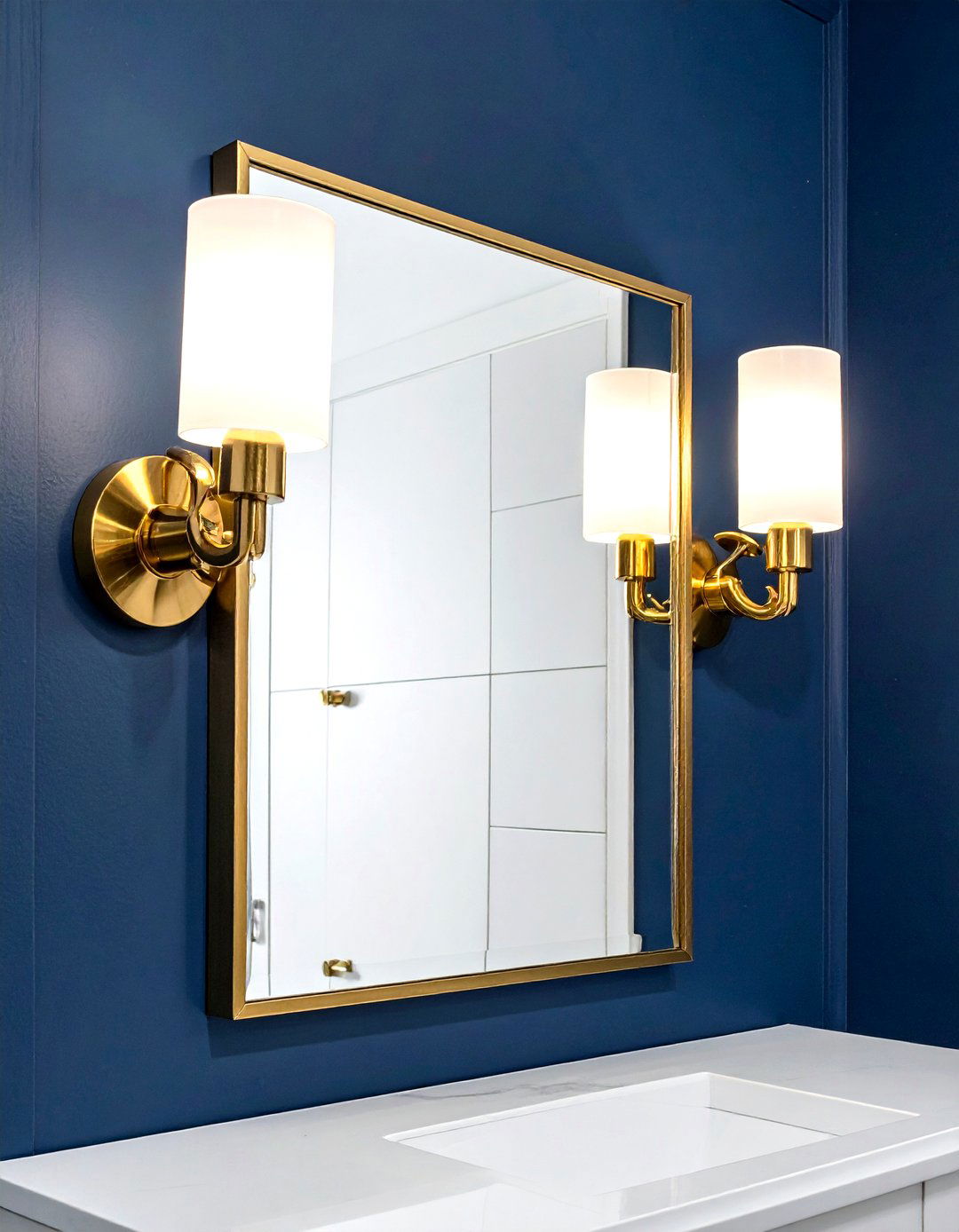 Gold vanity light navy wall - 30 navy and gold bathroom ideas