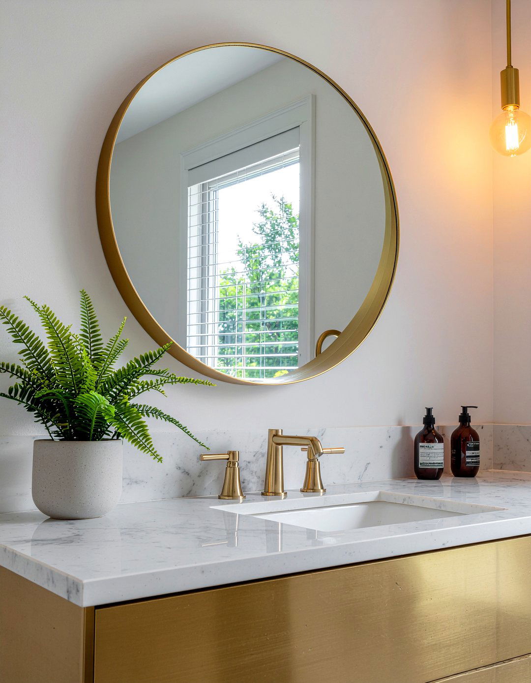 Gold vanity mirror - 30 bathroom countertop styling ideas