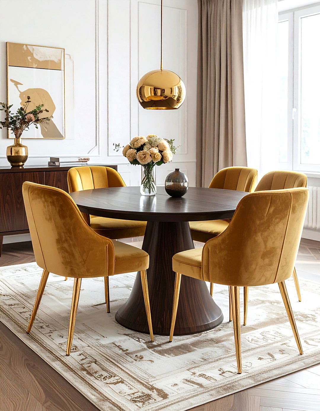 Gold velvet dining chairs - 30 gold dining room decor ideas